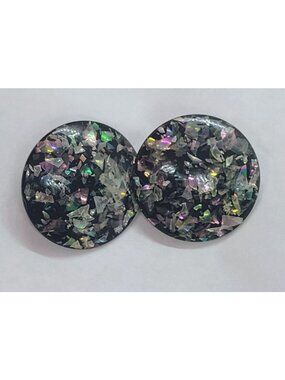 Vtg Coro Confetti Lucite Black Clip-on Earrings Silver Pink Aqua Glitter